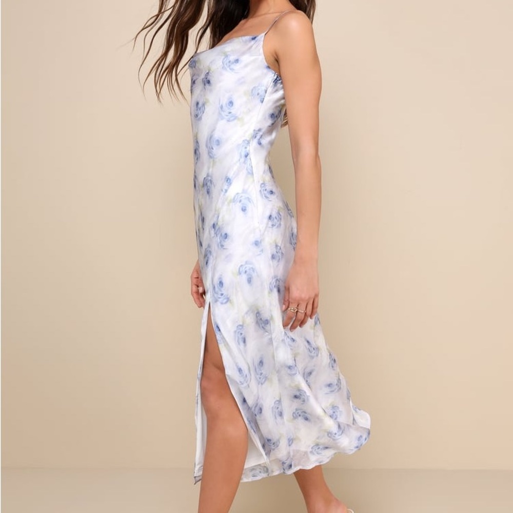 New Lulu's Dreamy Direction Ivory Floral Organza Cowl Slip Midi Dress